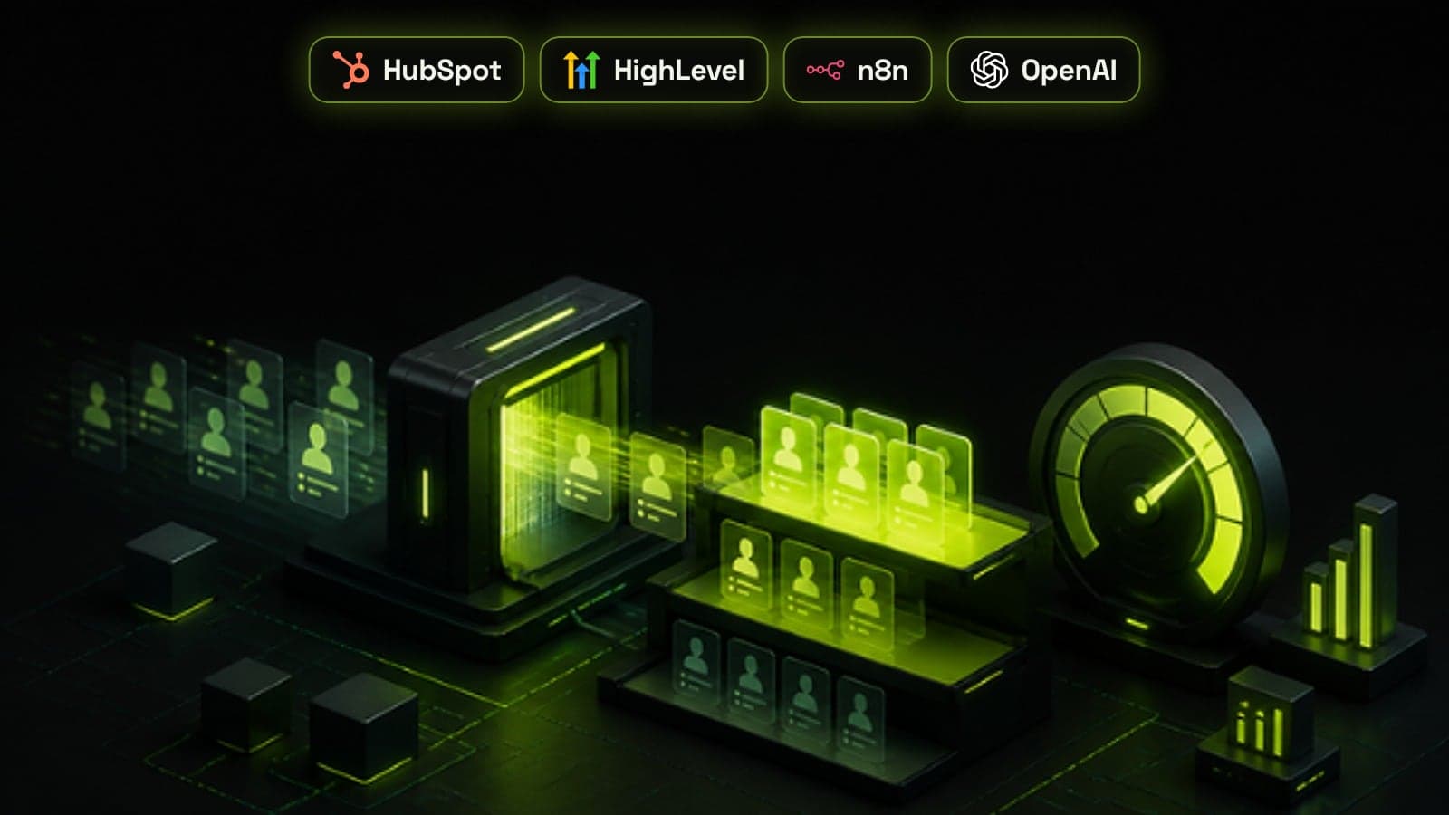 Isometric CRM funnel sorting glowing contact cards into hot, warm and cold tiers beside a lime score gauge, with HubSpot, HighLevel, n8n and OpenAI badges